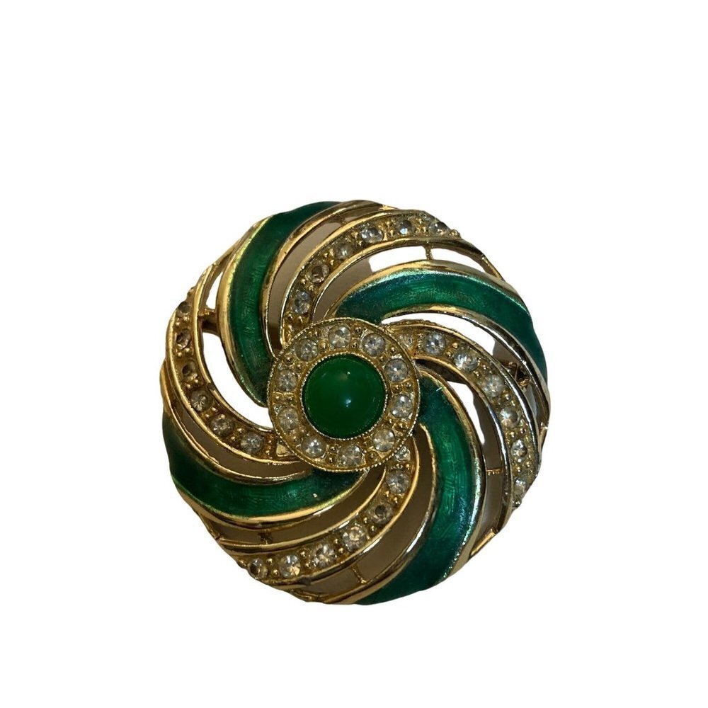 Vintage Swirl Brooch Gold Green Enamel Rhinestones Circle Pin